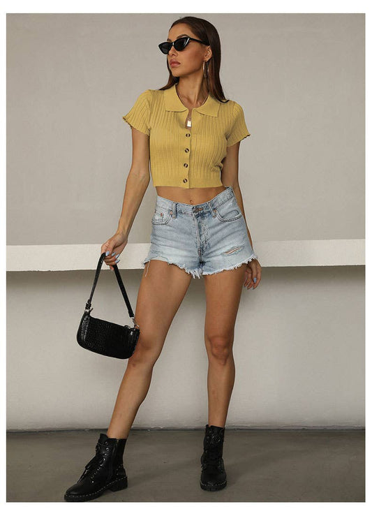 Solid color lapel slim knit short-sleeved top