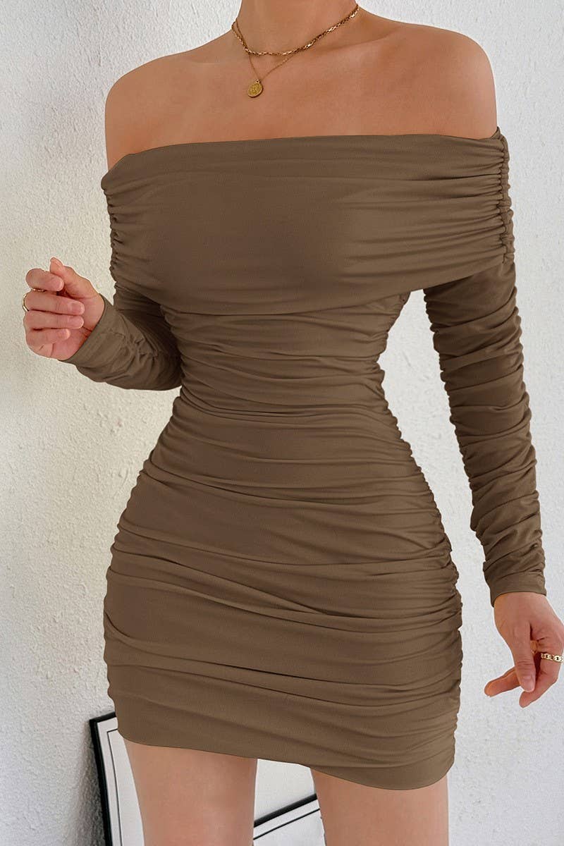 CWDSD10763_OFF SHOULDER LONG SLEEVE RUCHED BODYCON DRESS