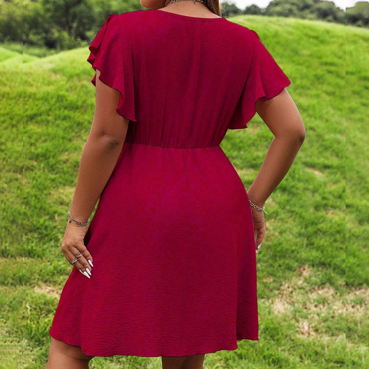 LANTERN SLEEVE V-NECK FRENCH DRESS