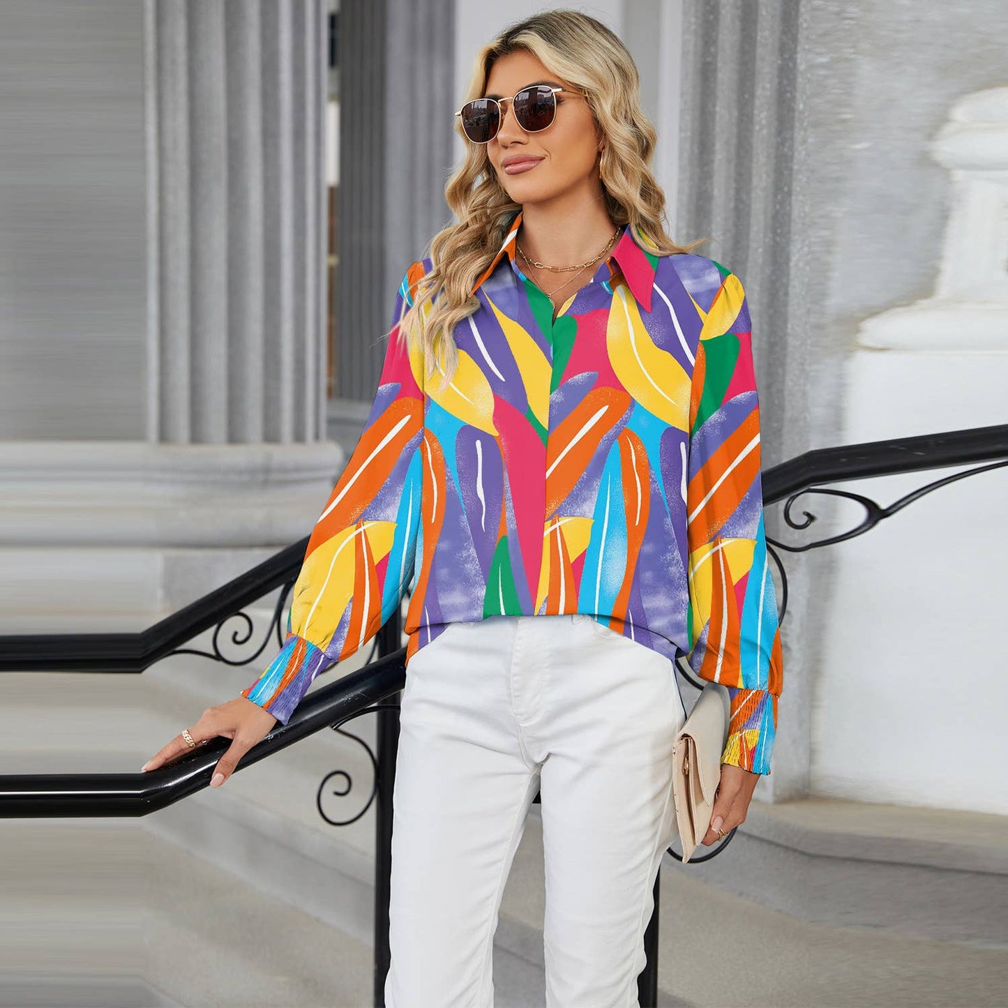 LAPEL FLORAL PRINT CASUAL LONG-SLEEVED SHIRT