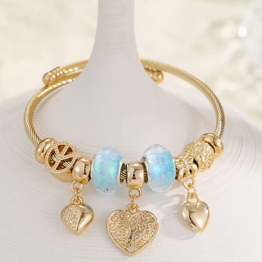 Gold Steel Bracelet with Bear & Heart Charms