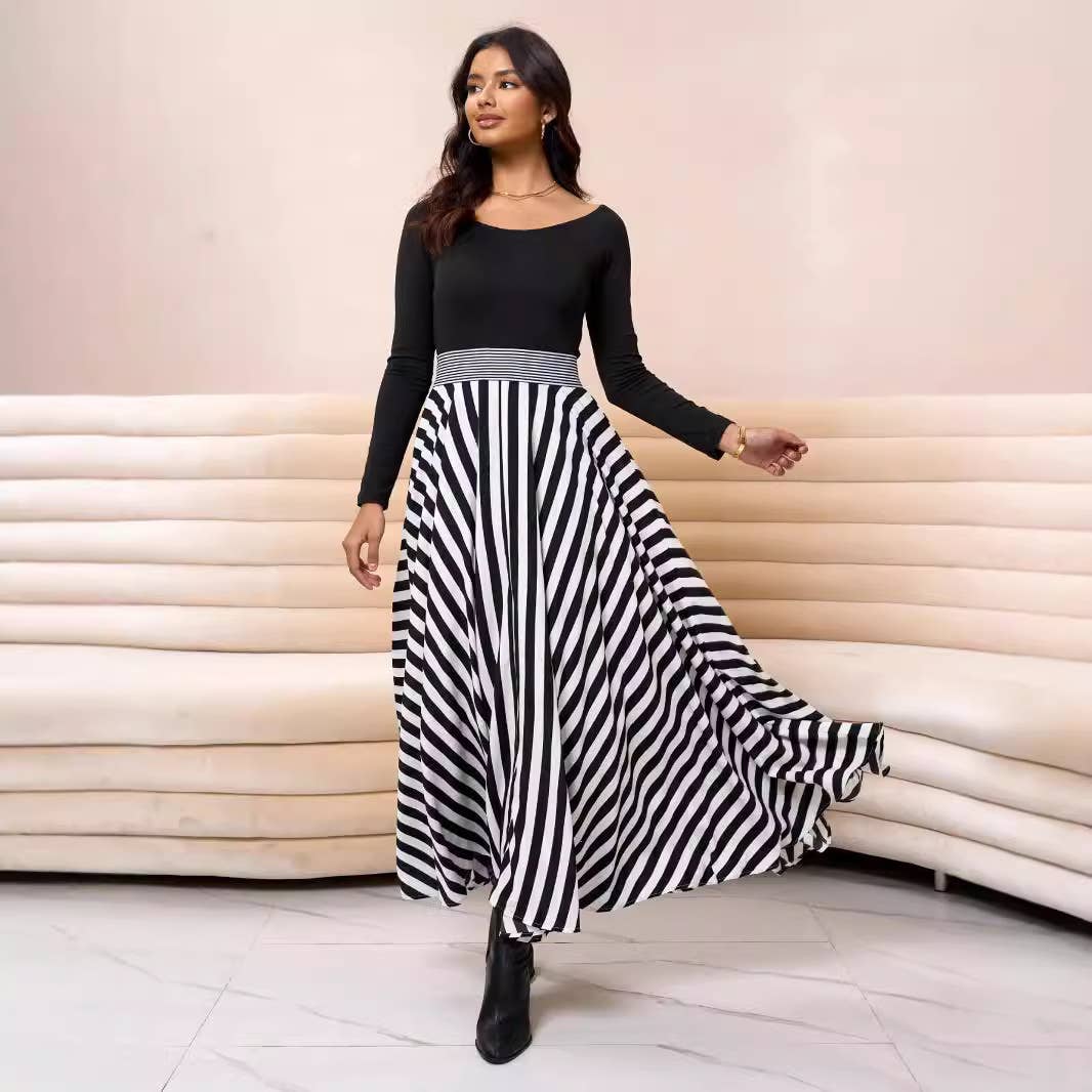 Patchwork striped sexy fashion slim-fit dress