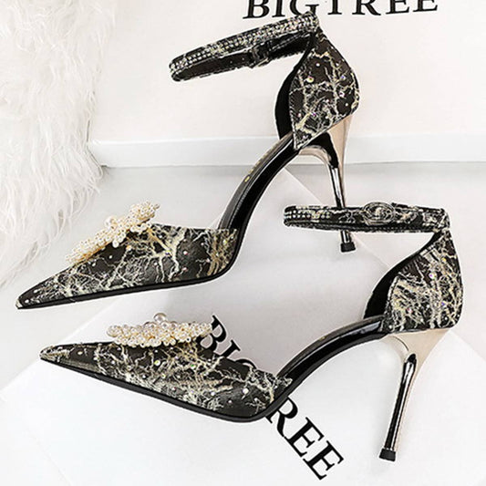 WOMEN RETRO RHINESTONE PEARL FLOWER HIGH HEELS