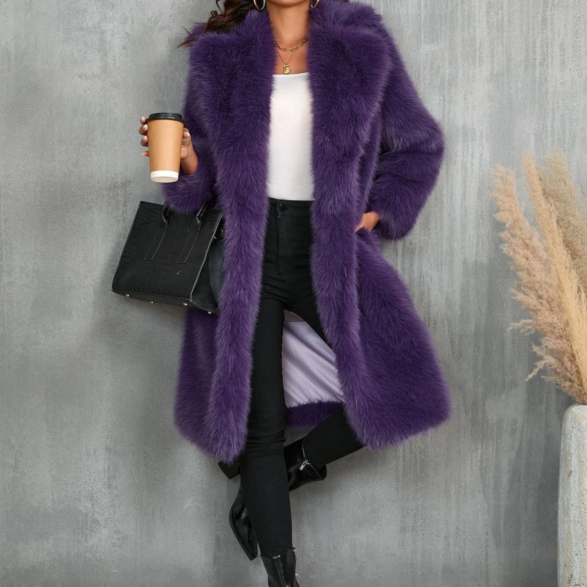Thick Faux Fox Fur Long Coat with Lapel