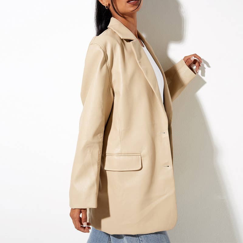 SOLID COLOR PU LEATHER LOOSE FASHION SUIT JACKET