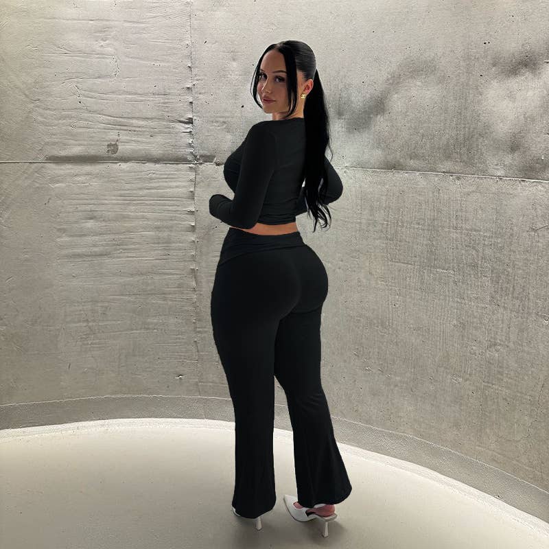 Simple casual solid color patchwork lace V-neck suit