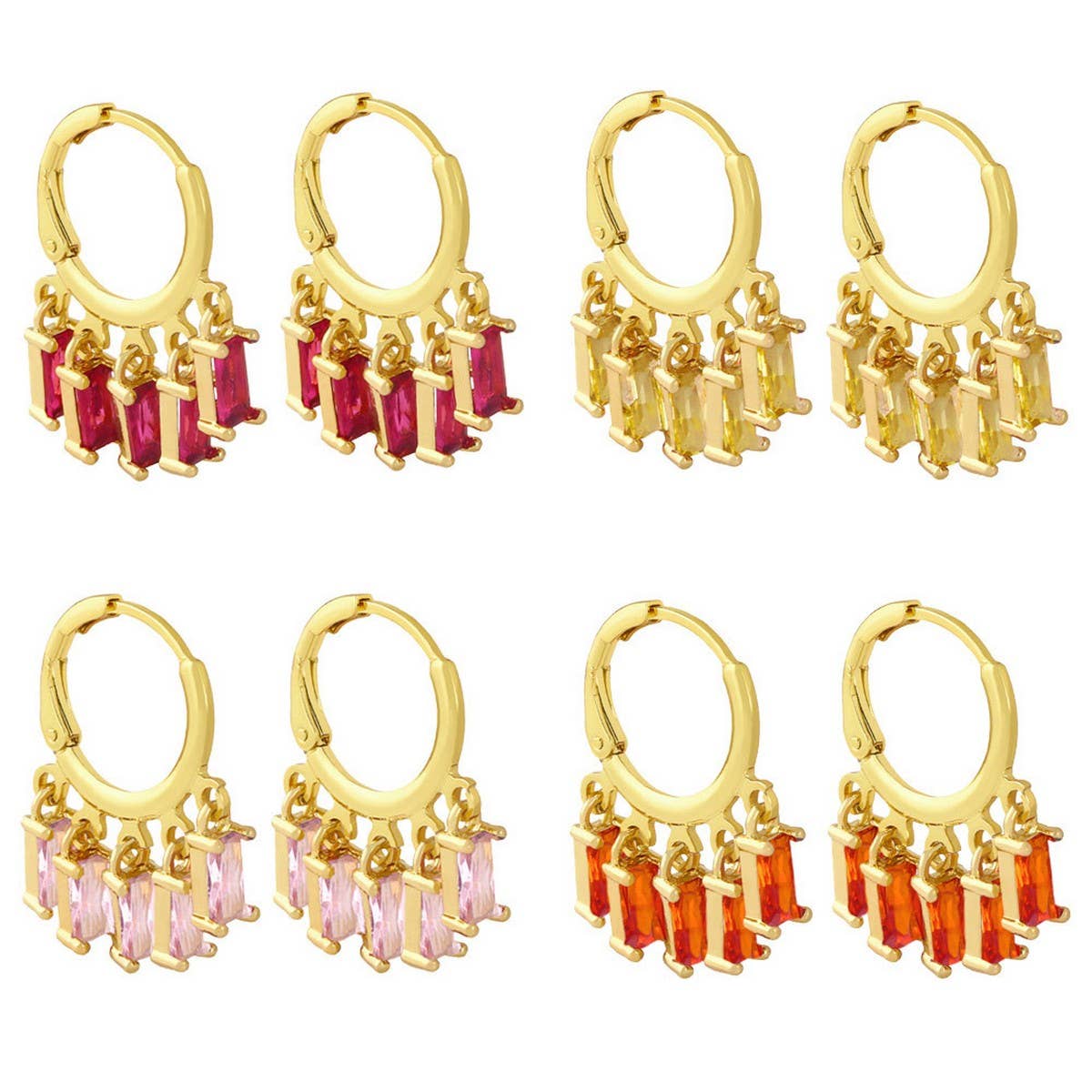 RECTANGULAR COLORED ZIRCON TASSEL EARRINGS_CWAJE1006