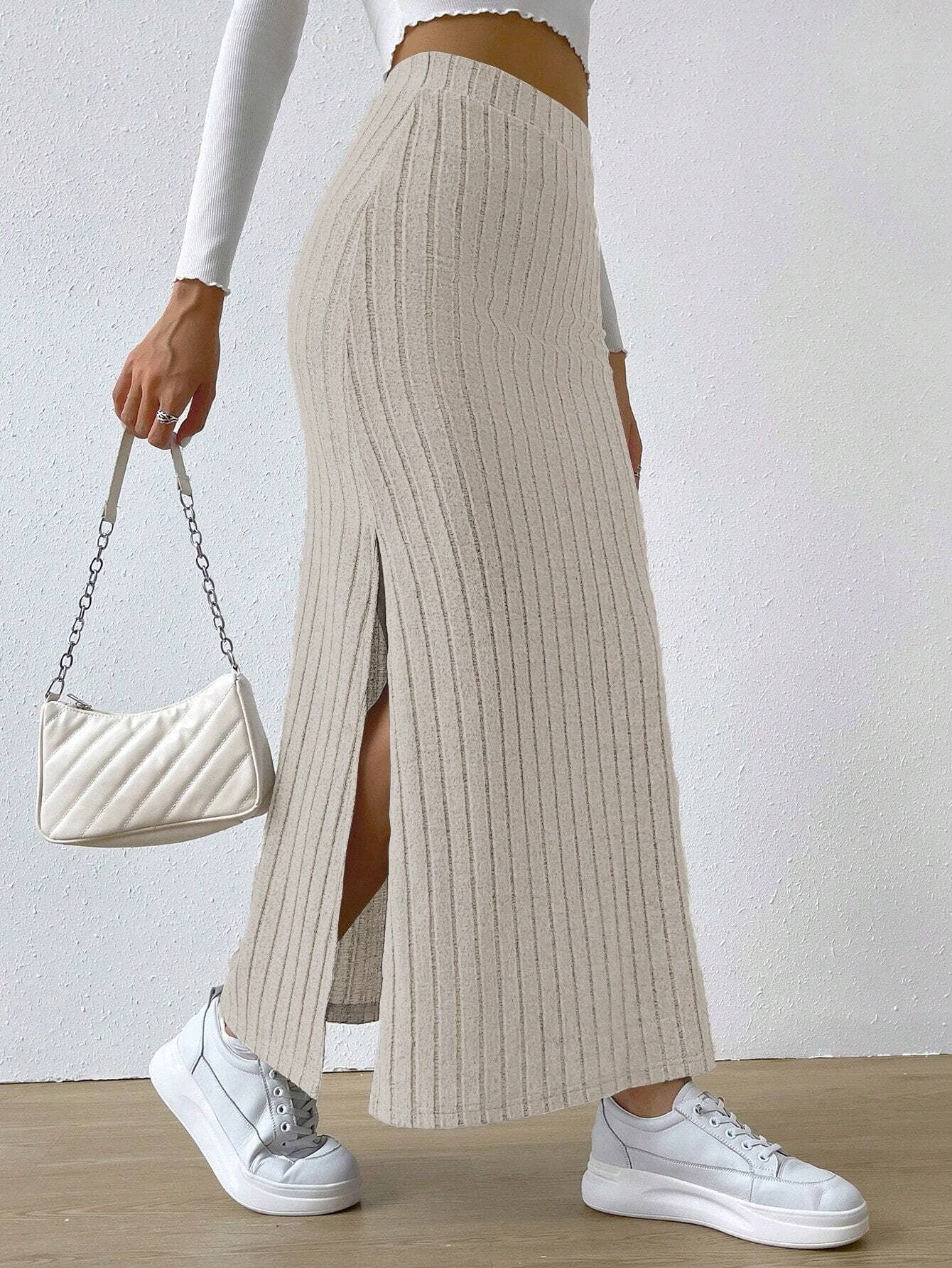 HIGH WAIST SIDE SLIT SLIM KNIT SKIRT