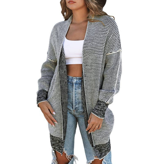 Solid color medium long knit cardigan jacket for women