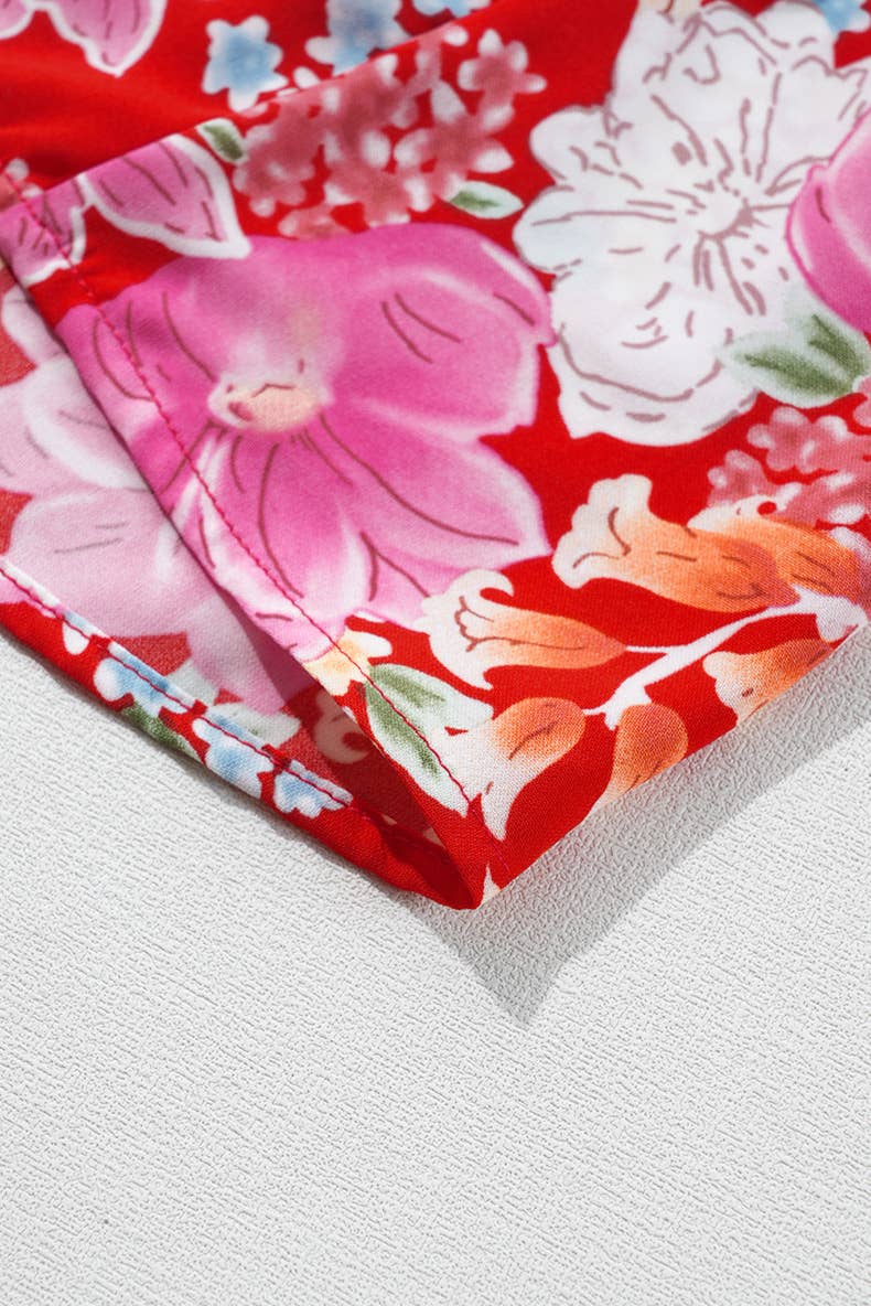 HOLIDAY HIGH-WAISTED FLORAL PRINT V-NECK DRESS