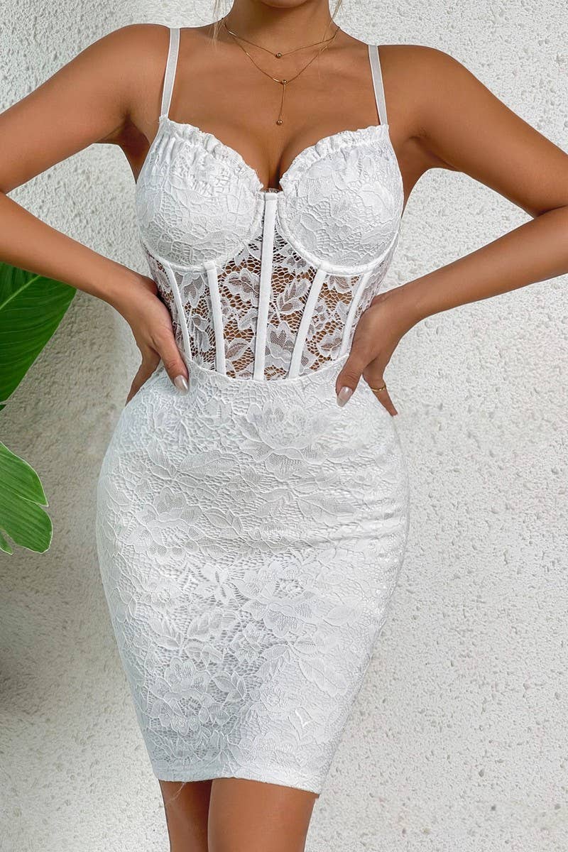 CWDSD7205_V LOW-CUT HIP-HUGGING HOLLOW LACE STITCHING DRESS