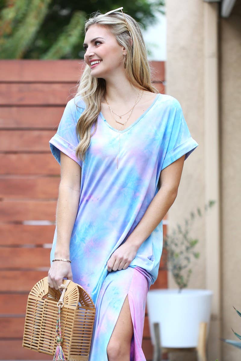 CWDMD820_SHORT SLEEVE V-NECK MAXI DRESS WITH SIDE SLIT