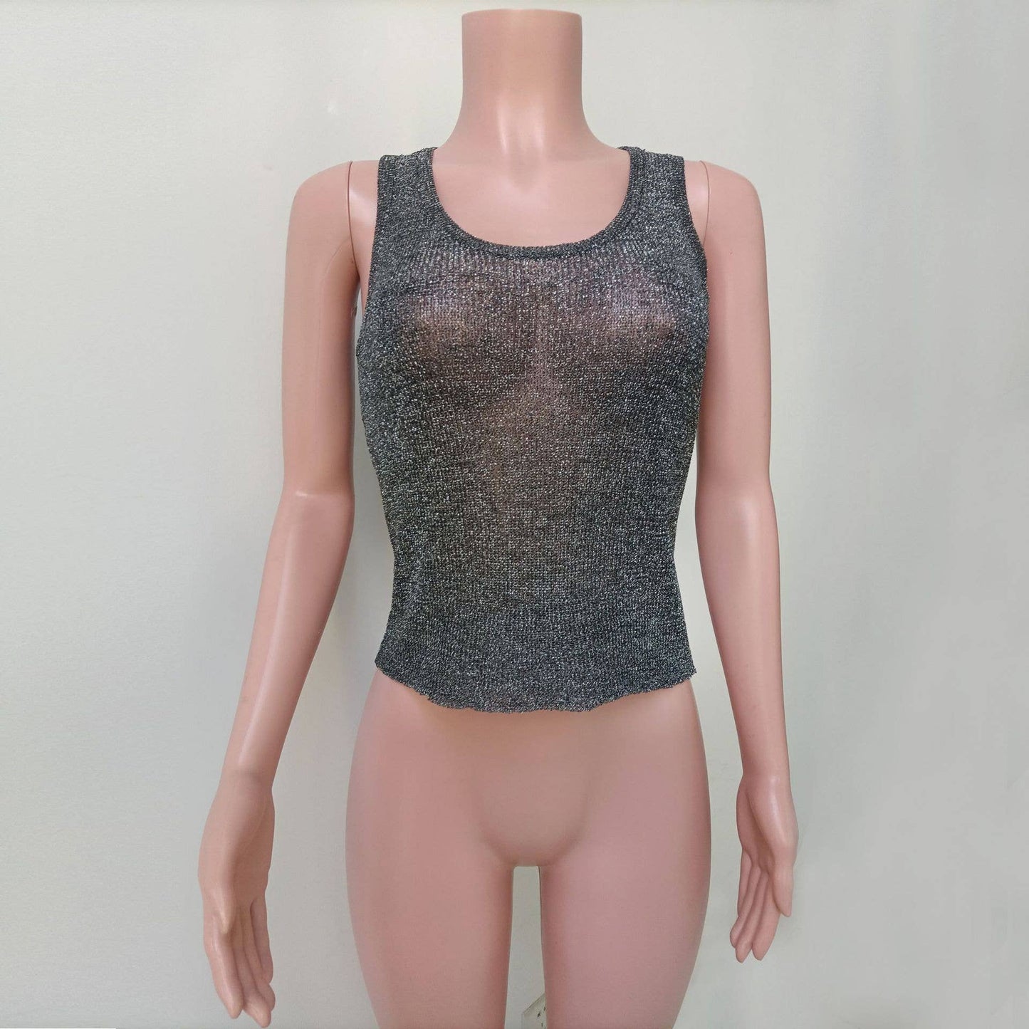 See-through slimming knitted shiny thread vest