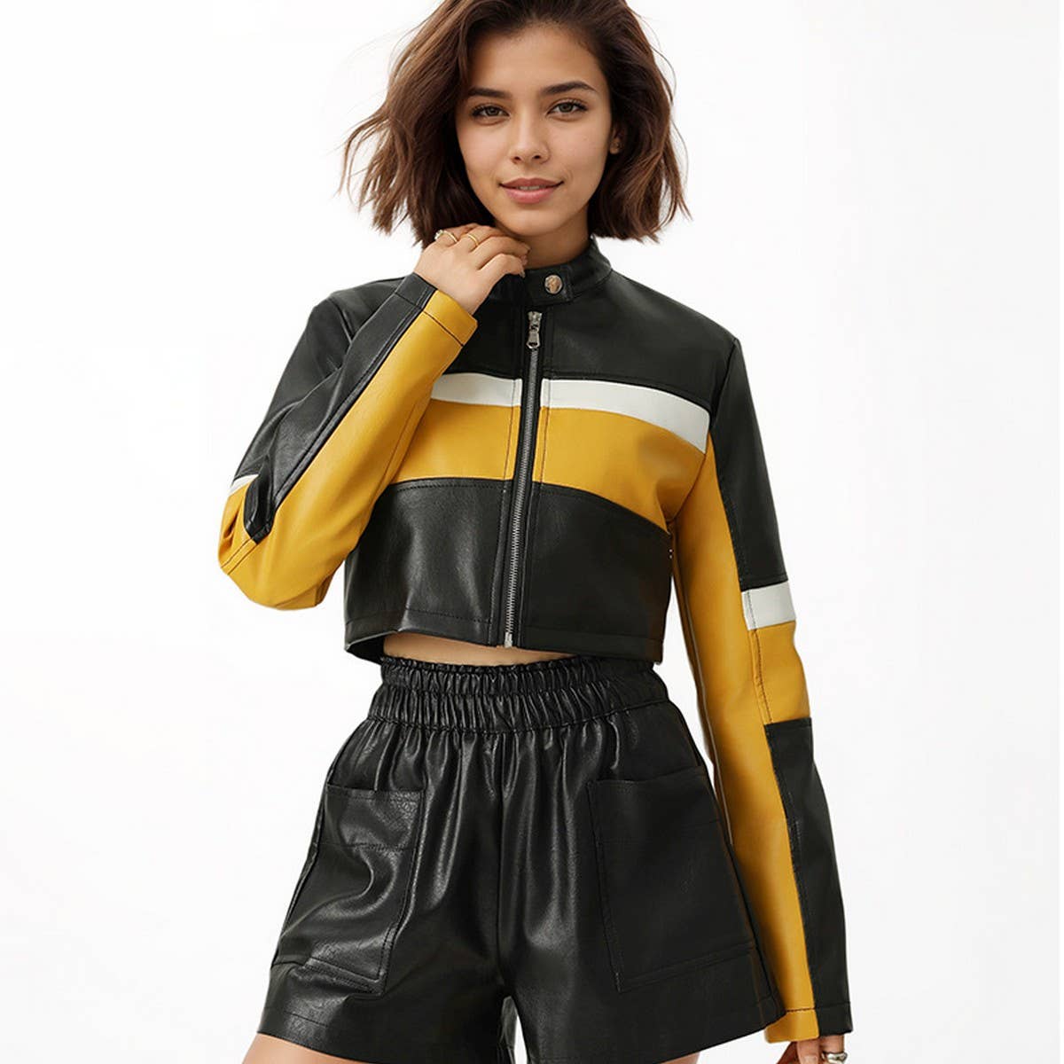 Colorblock PU Biker Jacket?Sexy Slim Stand Collar