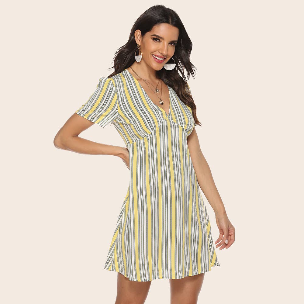 Lemon yellow striped V-neck short-sleeved dress