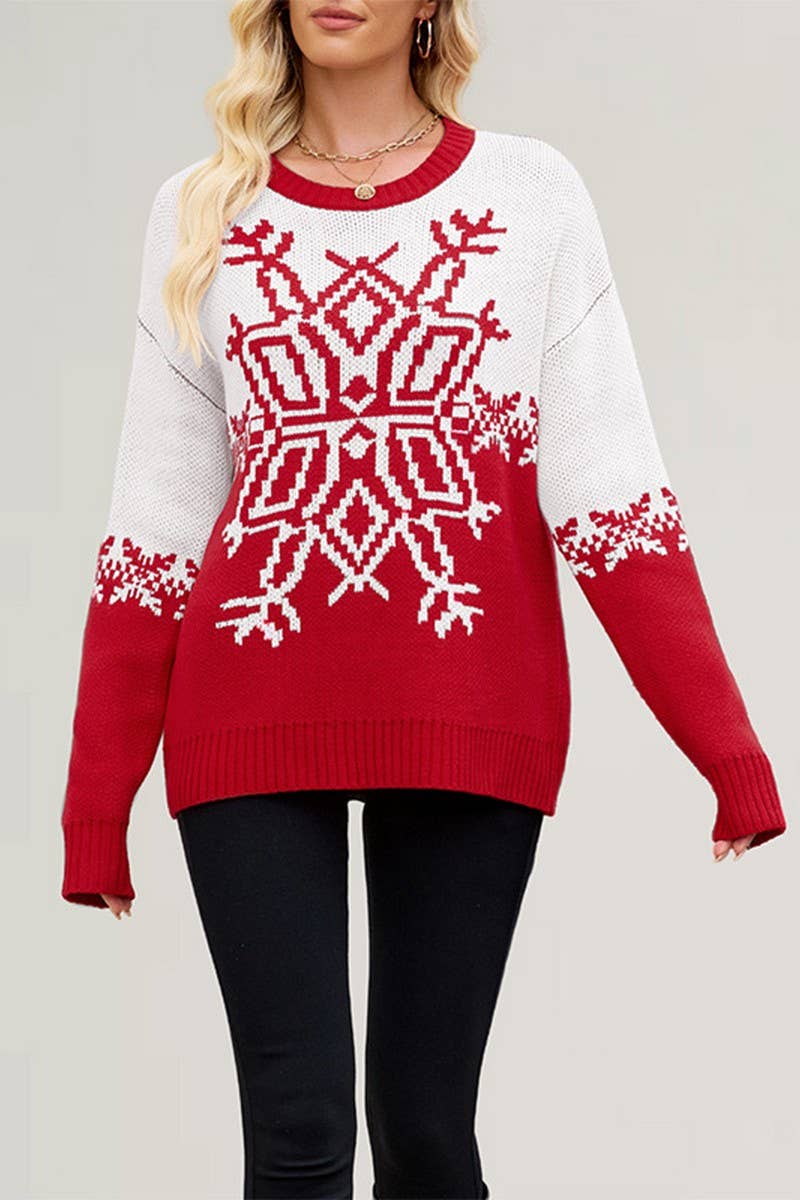 CWOSWL07538_CHRISTMAS BIG SNOWFLAKE CASUAL KNITTED SWEATER