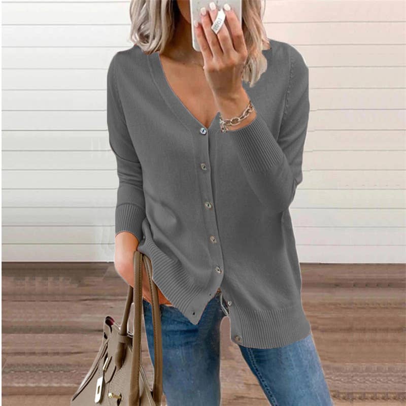 Solid-color button long-sleeved cardigan