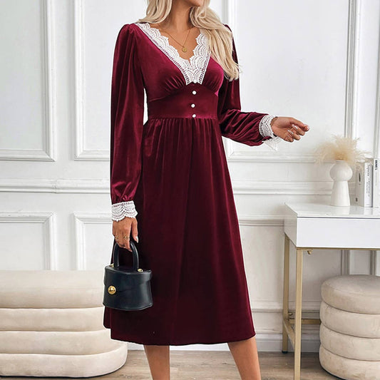 Party velvet dress lace patchwork color contrast dress dress