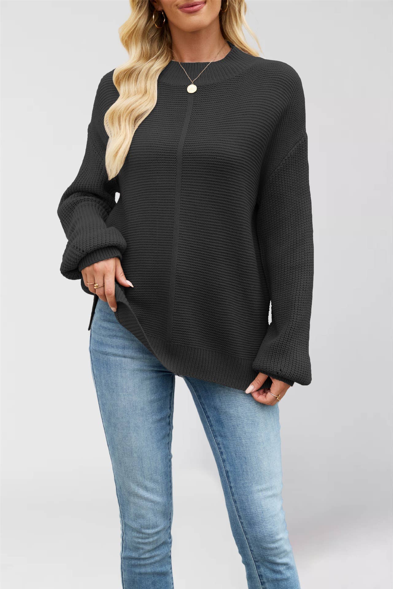 Solid color semi-high neck loose sweater