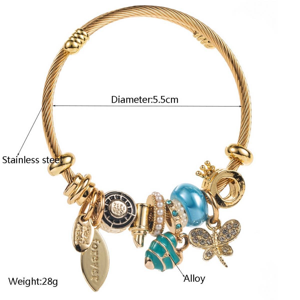 Travel Style Steel Bracelet with Rhinestone Charms