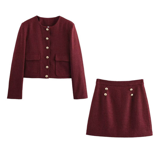 Short jacket short skirt suit with shoulder pads