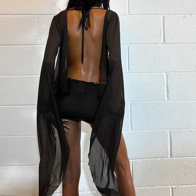 Sexy V-Neck Sheer Backless Strap Bodycon Skirt