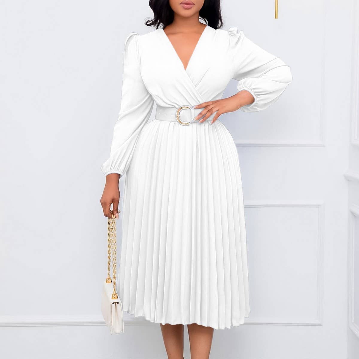 FASHION LONG SLEEVE V-NECK PLEATED MIDI DRESS_CWDMD3669