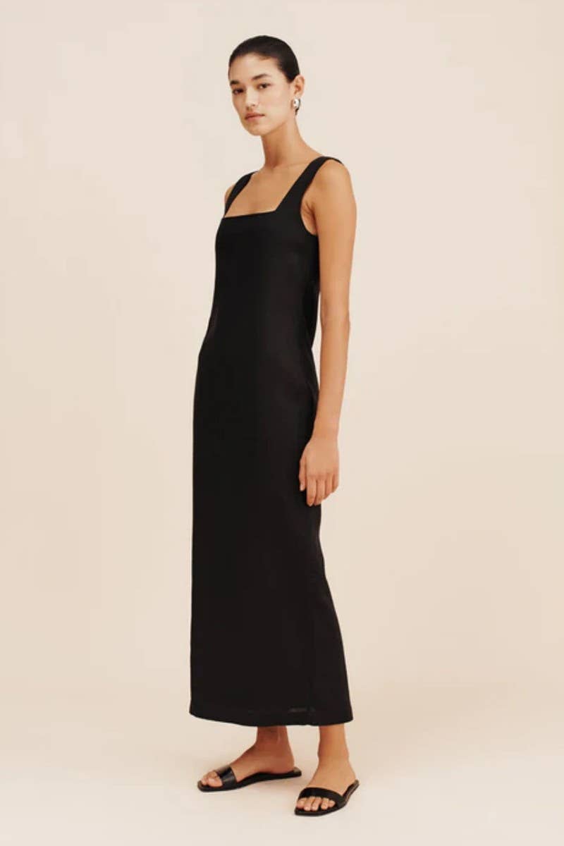 CWDMD5260_SOLID SQUARE NECK SLIM FIT COTTON-LINEN DRESS