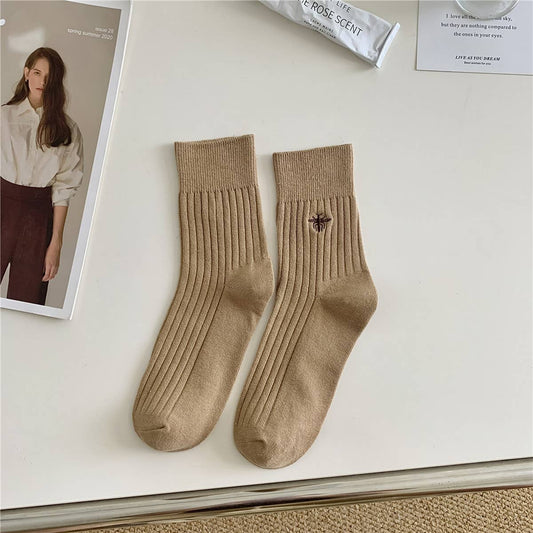 EMBROIDERED MID-CALF VERTICAL KNITTED PILE SOCKS