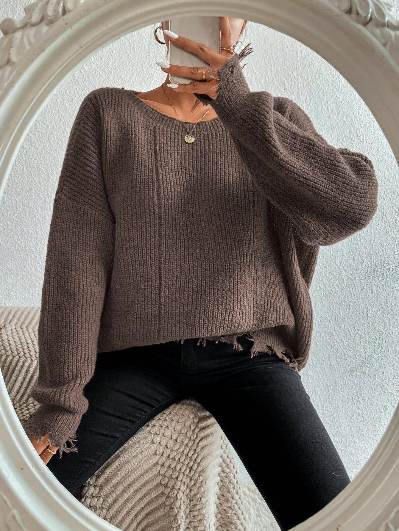 Solid color round neck hole loose sweater