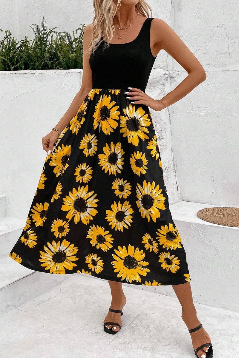 CWDMD4446_SUNFLOWER PRINT PATCHWORK SLEEVELESS DRESS