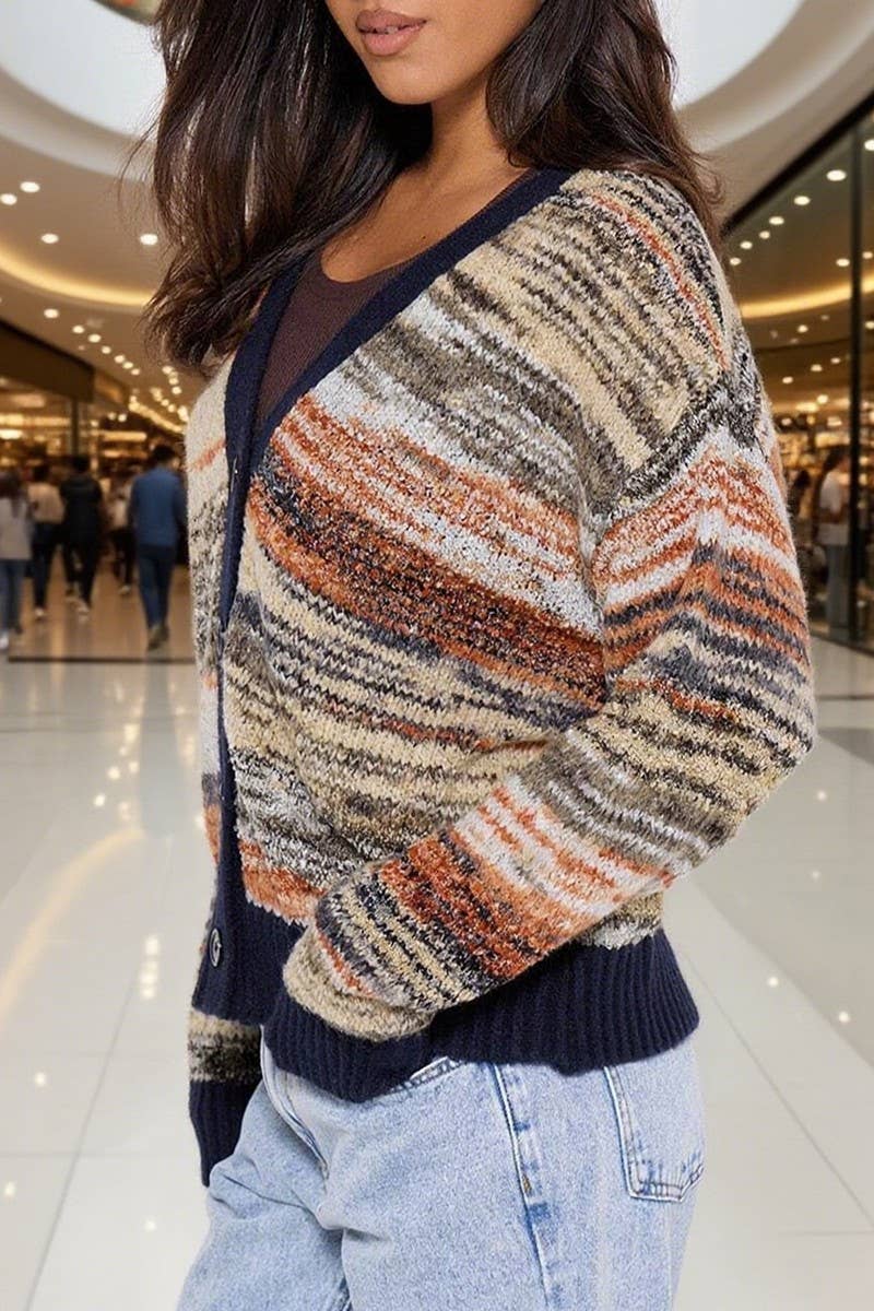 CWOCAL00829_GRADIENT STRIPE V NECK CROPPED KNIT CARDIGAN