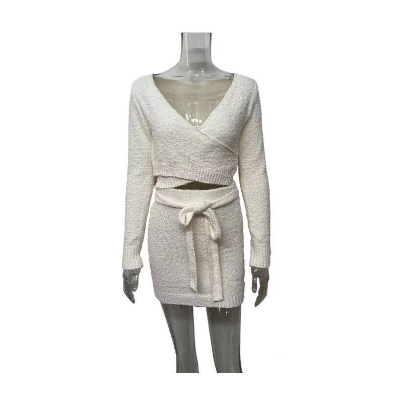 Two-piece knitted solid-color top,skirt set