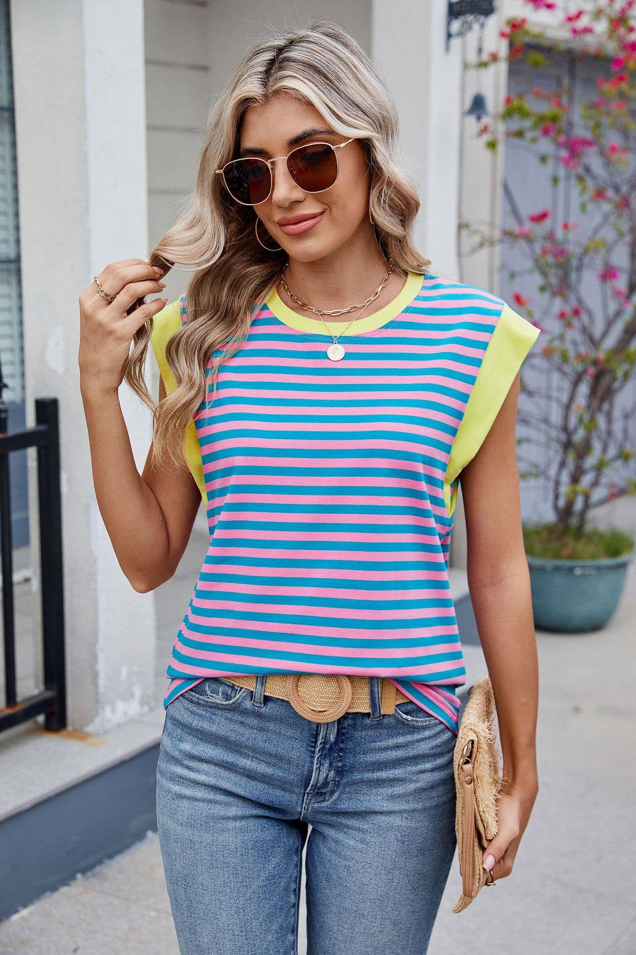 Sleeved striped color-matched crew neck tank top