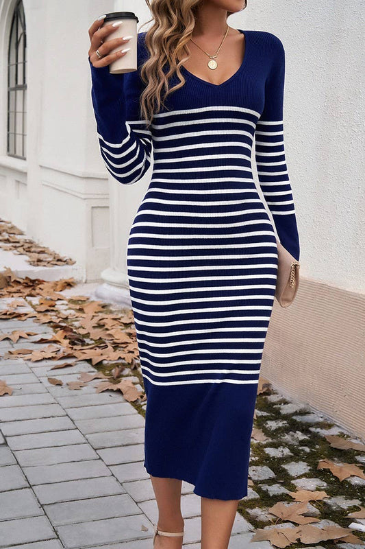 CWDMD3309_SLIM FIT V NECK CONTRAST STRIPED SWEATER DRESS