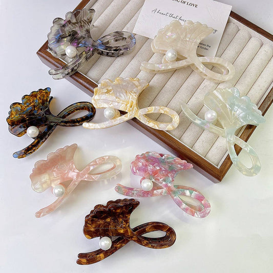 Ginkgo Leaf Pearl Hair Claw, Elegant French Clip_CWAHA1347