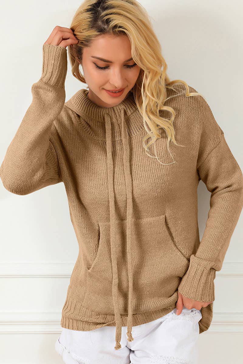 SOLID COLOR LOOSE DRAWSTRING POCKET LOOSE SWEATER