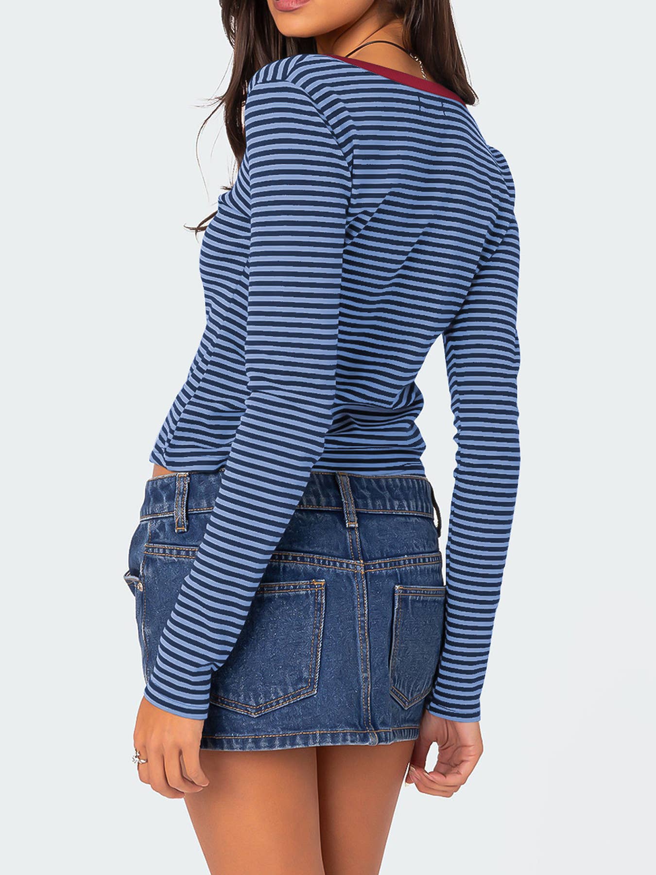 STRIPED KNIT BUTTON COTTON LONG SLEEVE T-SHIRT