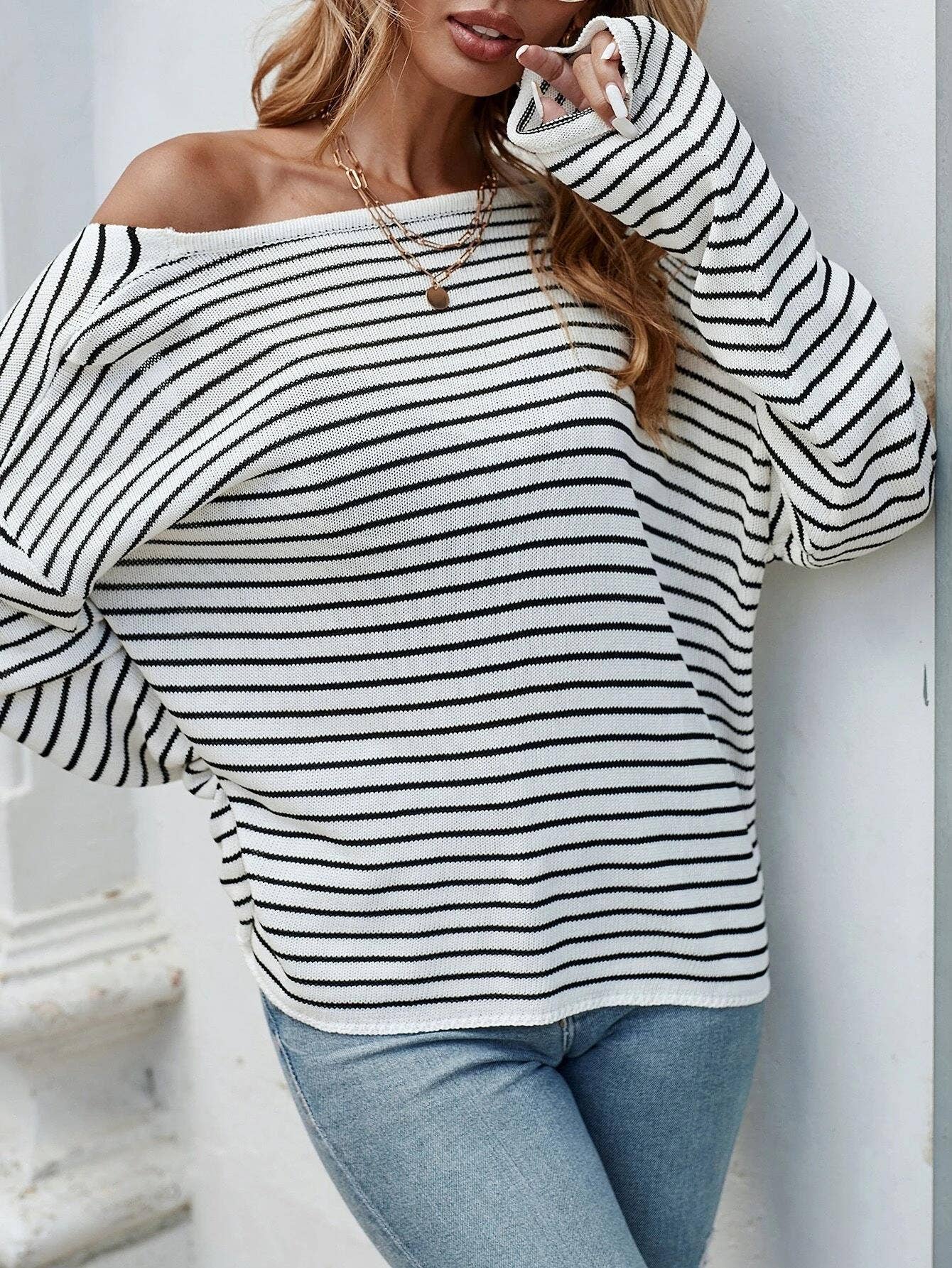 Striped long-sleeved sexy backless cross sweater