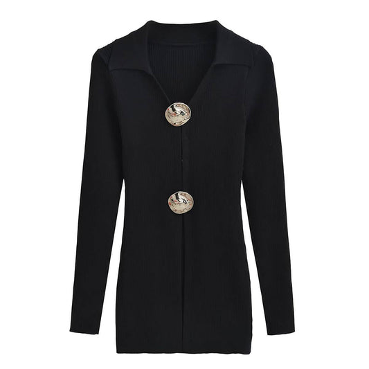 FASHION BIG METAL BUTTON SLIT MIDLENGTH KNITWEAR