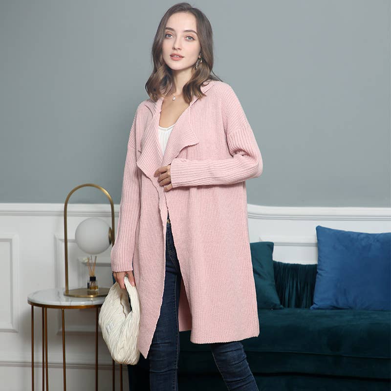 LAPEL LOOSE KNIT MID-LENGTH TRENCH CARDIGAN