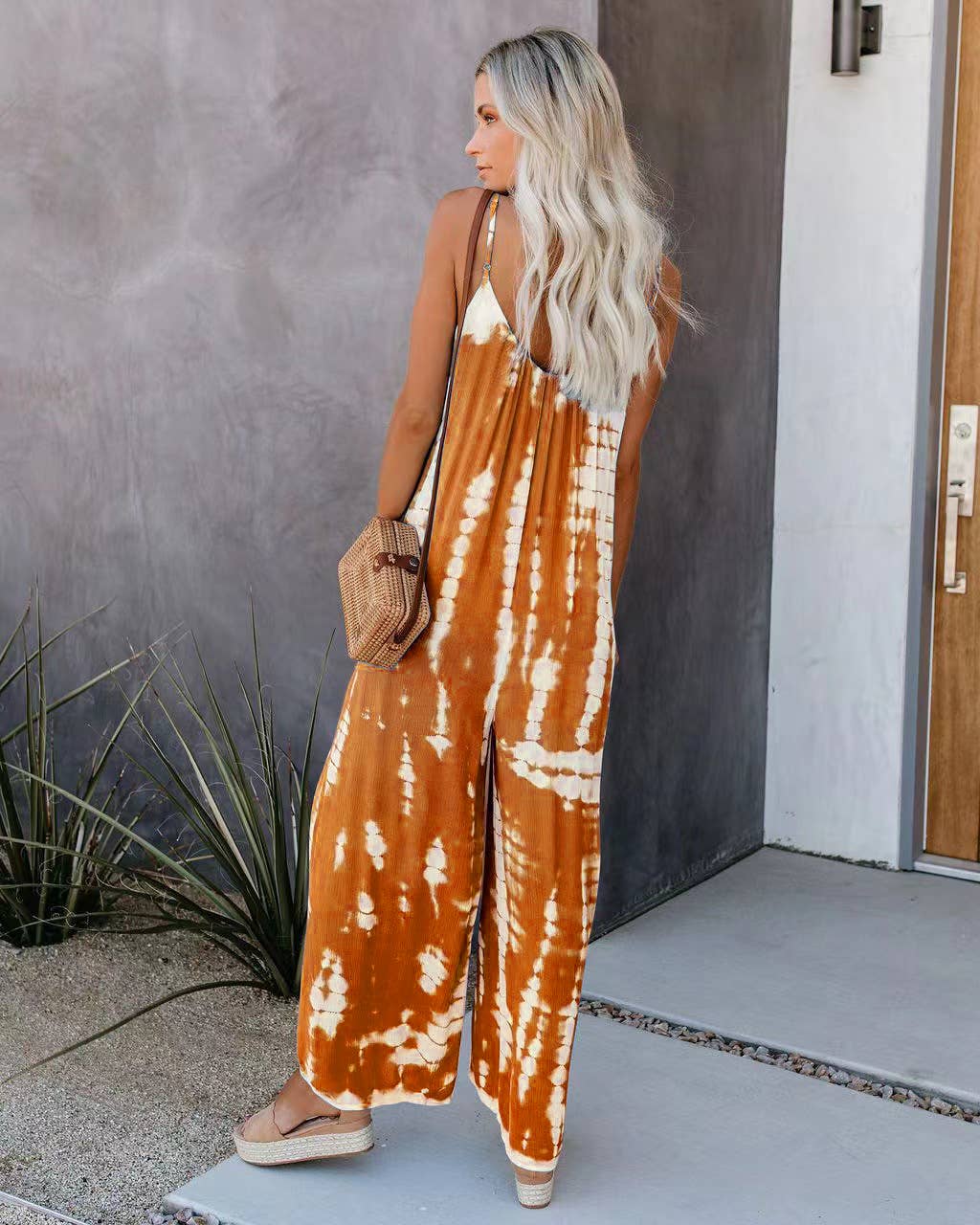 Abstract printed strappy sexy wide-leg jumpsuit