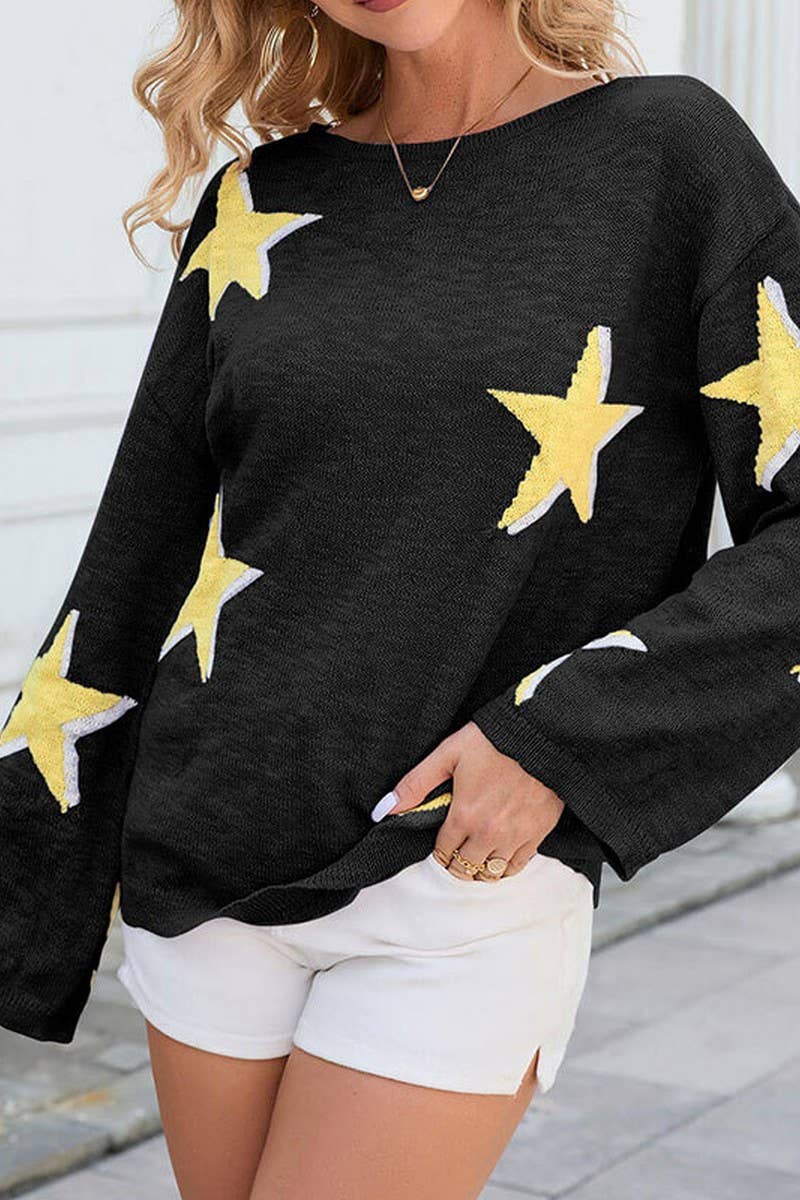 Five-pointed jacquard knitted long-sleeved sweater