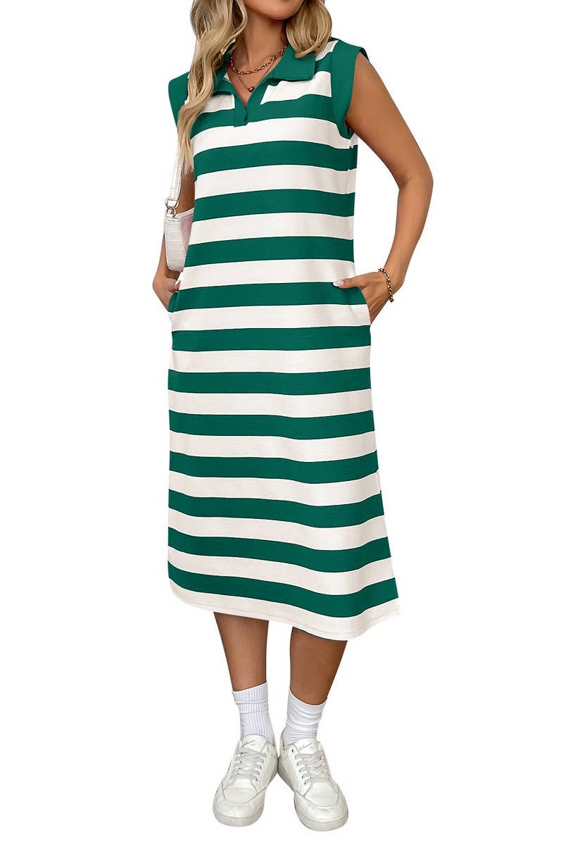 CWDMD4896_SUMMER STRIPED POCKET LAPEL SLEEVELESS LONG DRESS
