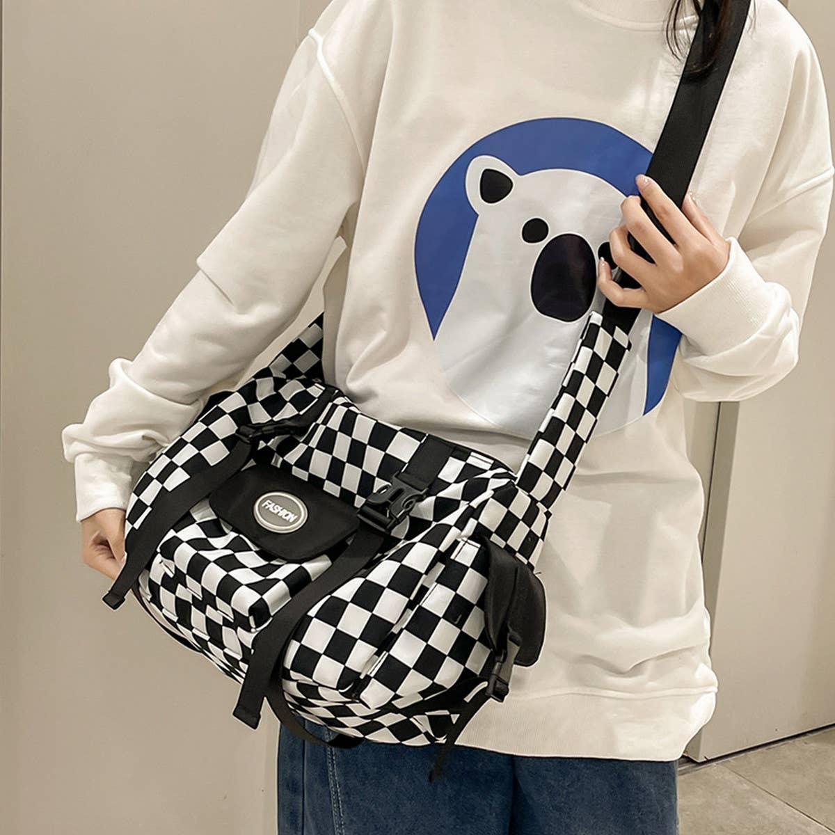 PLAID LARGE CAPACITY SHOULDER CANVAS BAG_CWAB1600