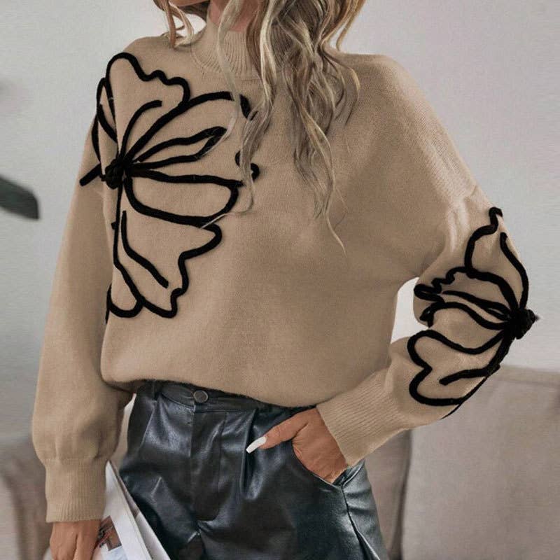 Three-dimensional flower high-neck sweater