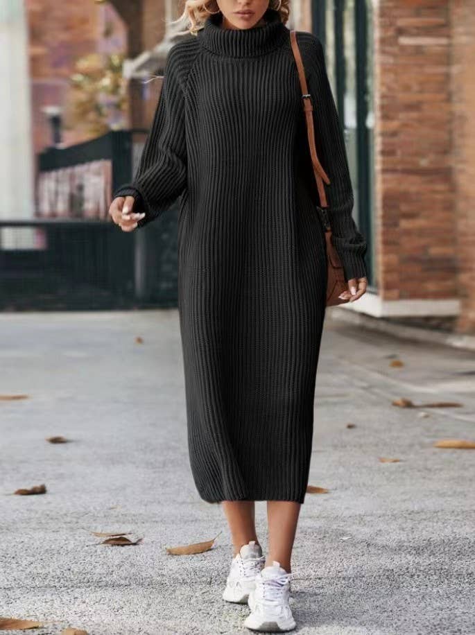LONG SOLID COLOR FITTING TURTLENECK SWEATER DRESS