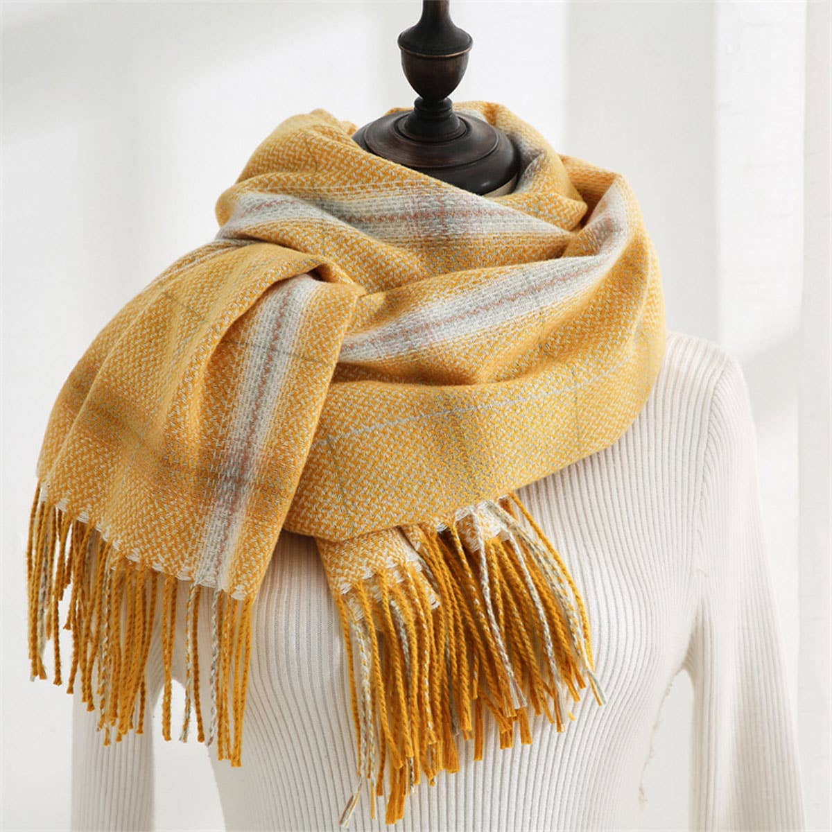 Plaid Faux Cashmere Scarf - Tassel Winter Shawl_CWASC0218
