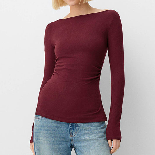 LINE NECK PLEATED SLIT SOLID COLOR T-SHIRT