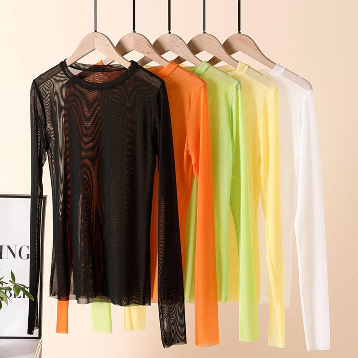 Candy Color Blouse - Long Sleeve Mesh Top_CWTBLL3620